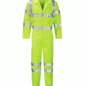 Neon yellow high-visibility coverall with silver reflective stripes on chest, arms, and legs.