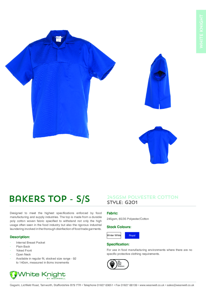 G201 White Short sleeve Bakers Top