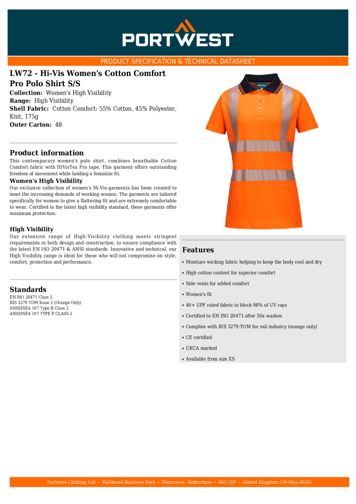 LW72 Ladies Hi Vis Polo Shirt
