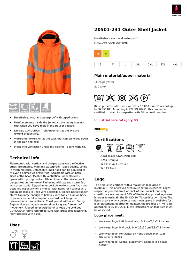 Mascot 20501-231-14 Orange Outer shell Jacket