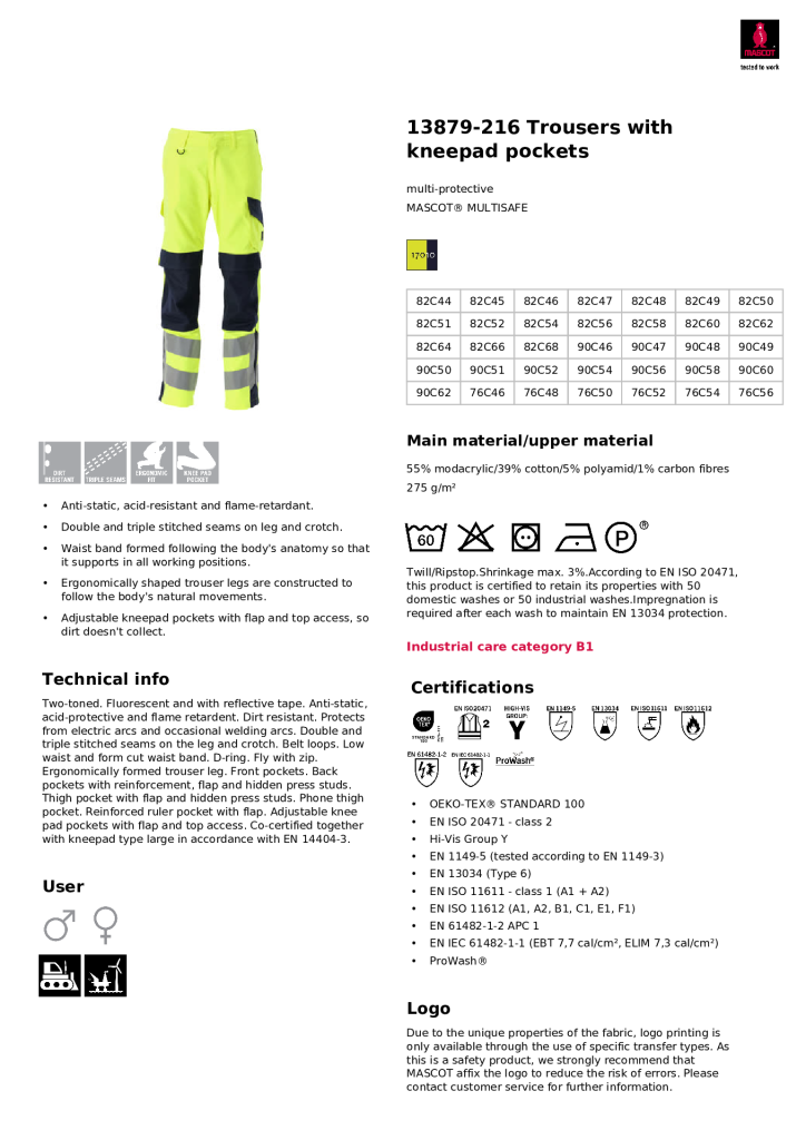 Mascot Multisafe 13879-216 Arbon Trs YelNav