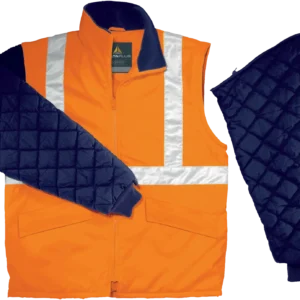 High-visibility orange safety vest with reflective stripes, shown with navy quilted sleeves laid to the sides.